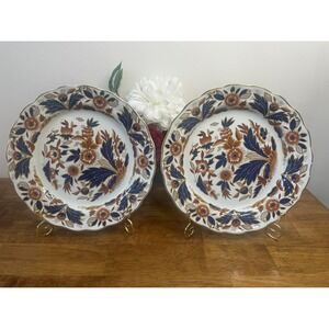 Booths Dovedale Ironstone Dinner Plates Blue Brown Floral Gold Trim England Pair